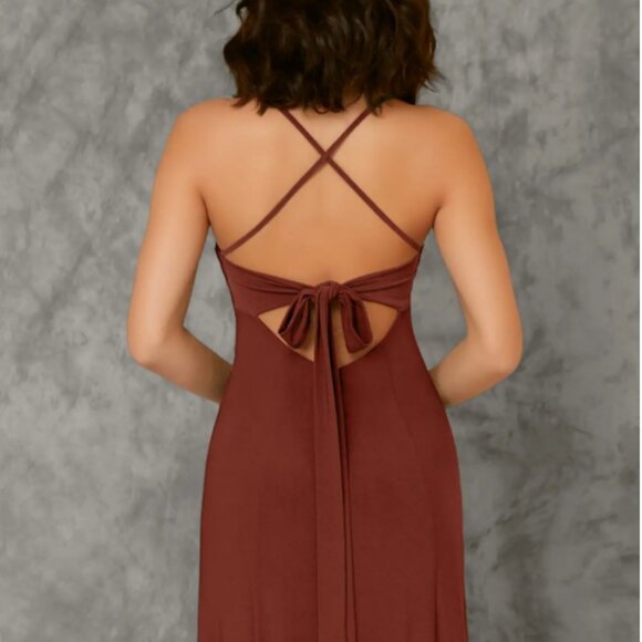 Azazie Aubrianna - Terracotta A-Line Pleated Luxe Knit Dress - Picture 2 of 9